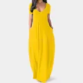 Solid bright yellow short sleeve maxi dress featuring deep V-neckline and side pockets - S / Yellow