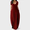 Women's wine red solid color deep V-neck short sleeve maxi dress with side pockets. - S / Burgundy