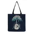 Detailed view of guitar tree and music notes print on navy blue canvas tote bag. - Guitar Growing into Tree Deep Blue Style (hm7348)