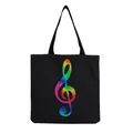 Black tote bag with rainbow music note print, Harajuku style foldable shopping bag - Rainbow Gradient Treble Clef Black Style (hm7358)