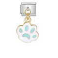 Italienischer Edelstahl-Charm mit einem weiß-hellblauen Pfotenabdruck aus Öl-Tropf-Emaille - Goldener Grund Weißer und Hellblauer Pfotenabdruck Anhänger (ICG363-2)