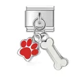 Dettaglio charm italiano in acciaio con pendenti smaltati zampa rossa e osso bianco - Pendaglio con Impronta di Zampa Rossa e Osso Bianco (ICG594-2)