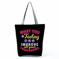 Gedetailleerd overzicht van zwarte canvas shopper met motiverende quote - Zwarte inspirerende letterprint (hl5276)