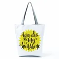 Stylish white tote bag with yellow sun graphic and You are My Sunshine lettering. - Sun Art Letter Print (hl5277)