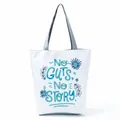 White canvas tote bag with blue 'No Guts No Story' print and floral illustrations - Blue Slogan Cartoon Pattern (hl5278)