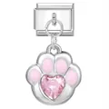 Italienischer Edelstahl-Charm mit rosa Emaille-Pfote und Herz-Kristall-Anhänger - Rosa Pfotenabdruck und Rosa Herzanhänger (ICG535-1)