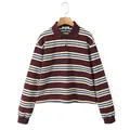 Polo a maniche lunghe a righe bordeaux e blu con un taglio cropped alla moda - S / T-Shirt a Maniche Lunghe Rosso Scuro Solo (Senza Gonna)