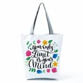 Detail of white floral tote bag with 'Your only Limit is your Mind' motivational print - Floral Inspirational Text (hl5282)