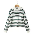Casual women's white long-sleeved polo shirt with green and black horizontal stripes - Cream White Long Sleeve T-Shirt Only (Without Skirt)