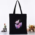 Borsa tote in tela nera con vivace stampa a farfalla viola per la moda quotidiana - Stile farfalla d'arte viola (L4228-4) / Nero