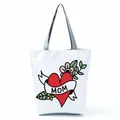 White canvas tote bag featuring a classic red heart and MOM banner tattoo design - Tattoo Style Heart MOM (hl5289)