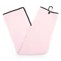 Detailaufnahme eines rosa Mikrofaser-Golfhandtuchs mit Waffelmuster und Karabiner. - Rosa / 30*50cm (1 Öse)