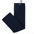 Navy blue microfiber golf towel with waffle texture and black carabiner clip detail. - Black