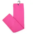 Detailed close-up of a pink waffle-weave microfiber golf towel with a black carabiner clip. - Rose Red
