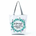 White floral print canvas tote bag featuring motivational quote be yourself design - Fresh Floral Ring Slogan (hl5295)