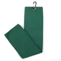 Detailed macro view of a green waffle weave microfiber golf towel with black carabiner - Dark Green