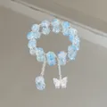 Sweet forest style crystal beaded bracelet with blue beads and silver butterfly charm. - Large Teardrop Butterfly Blue