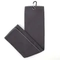 Dark grey microfiber golf towel featuring waffle texture and black metal carabiner. - Gray