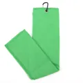 Green microfiber waffle weave golf towel detail featuring a black carabiner clip - Green