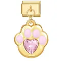 Goldener italienischer Modul-Charm mit rosa Emaille-Pfote und Herz-Kristall-Detail. - Goldener Grund Rosa Pfotenabdruck und Rosa Herzanhänger (ICG535-2)