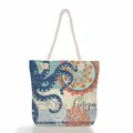 Detailed view of ocean-themed beach bag with octopus print and thick rope handles - Blue Octopus Coral (ms4536b)