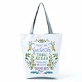 Detail of white canvas tote bag with floral print and motivational English quote - Feather Floral Inspirational (hl5300)