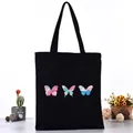 Classic black canvas tote bag featuring three vibrant watercolor butterfly prints for women - Three Watercolor Butterflies Style (L4228-6) / Black