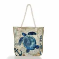 Close-up detail of sea turtle and anchor print on vintage map background beach tote bag - Watercolor Sea Turtle Print (ms4537b)