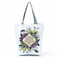 White floral tote bag with Buddha inspirational quote print and grey shoulder straps - Buddha Quote Bohemian (hl5307)