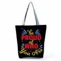 Detailed view of the colorful be PROUD of WHO You Are print on the black tote bag. - Black Colorful Quote Feather (hl5308)