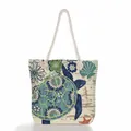Nautical sea turtle print canvas tote bag with thick rope handles for beach use - Geometric Sea Turtle Print (ms4547b)