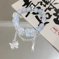 Forest style light blue crystal beaded bracelet with elegant silver butterfly charms - Small Waterdrop Butterfly Blue