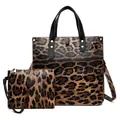Stylish leopard print two-piece handbag set featuring a large tote and matching pouch - Brown Leopard