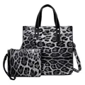 Stylish grey leopard print two-piece handbag set with large tote and matching pouch - Grey Leopard