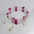 Elegant beaded crystal bracelet with pink stones, clear quartz and silver charms detail - Ruyi Bamboo Rose Red