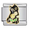 Emaillierter schwarzer Katzen-Charm für italienische Gliederarmbänder aus Titanstahl - Schwarze Katze mit Blumen Glied (ICJ1666)