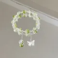 Elegant Mori style green crackle crystal beaded bracelet with silver butterfly charm - Large Waterdrop Butterfly Green