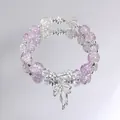 Forest style purple and clear cracked crystal beaded bracelet with silver bow charm - Peach Blossom Bow Purple
