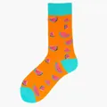 Vibrant orange cotton crew socks with pink watermelon slice pattern and turquoise trim - One Size / Watermelon Slice (24)