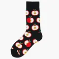 Black mid-calf cotton socks featuring a vibrant red apple pattern in a trendy harajuku style - One Size / Red Apple Pattern (28)