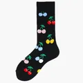 High quality black cotton crew socks with vibrant multi-colored cherry patterns - One Size / Multicolor Cherry Pattern (30)