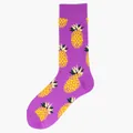 Vibrant purple cotton crew socks with yellow pineapple pattern for men and women - One Size / Purple Pineapple (31)