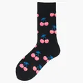Trendy Harajuku style black mid-calf cotton socks featuring pink cherry pattern prints - One Size / Black Pink Cherry (32)
