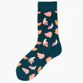 Trendy cotton crew socks with colorful pink and yellow banana pattern on teal - One Size / Teal Banana (33)