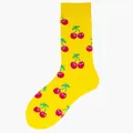 Vibrant yellow mid-calf cotton socks featuring an all-over red cherry pattern design - One Size / Yellow Red Cherry (34)