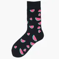 Black crew socks featuring a vibrant pink watermelon slice pattern knit detail. - One Size / Black Watermelon Slice (35)