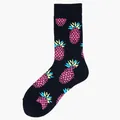 Black cotton crew socks with vibrant pink and blue pineapple pattern for men and women - One Size / Black Pink Pineapple (36)