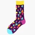 Vibrant purple crew socks featuring colorful mushroom patterns and contrasting yellow cuff. - One Size / Purple Multicolor Mushroom (38)