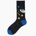 Black mid-calf cotton socks featuring creative space galaxy and planet knit patterns - One Size / Starry Sky Universe (62)