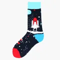 Fashionable navy blue cotton socks with a creative space rocket and star print - One Size / Space Exploration (64)
